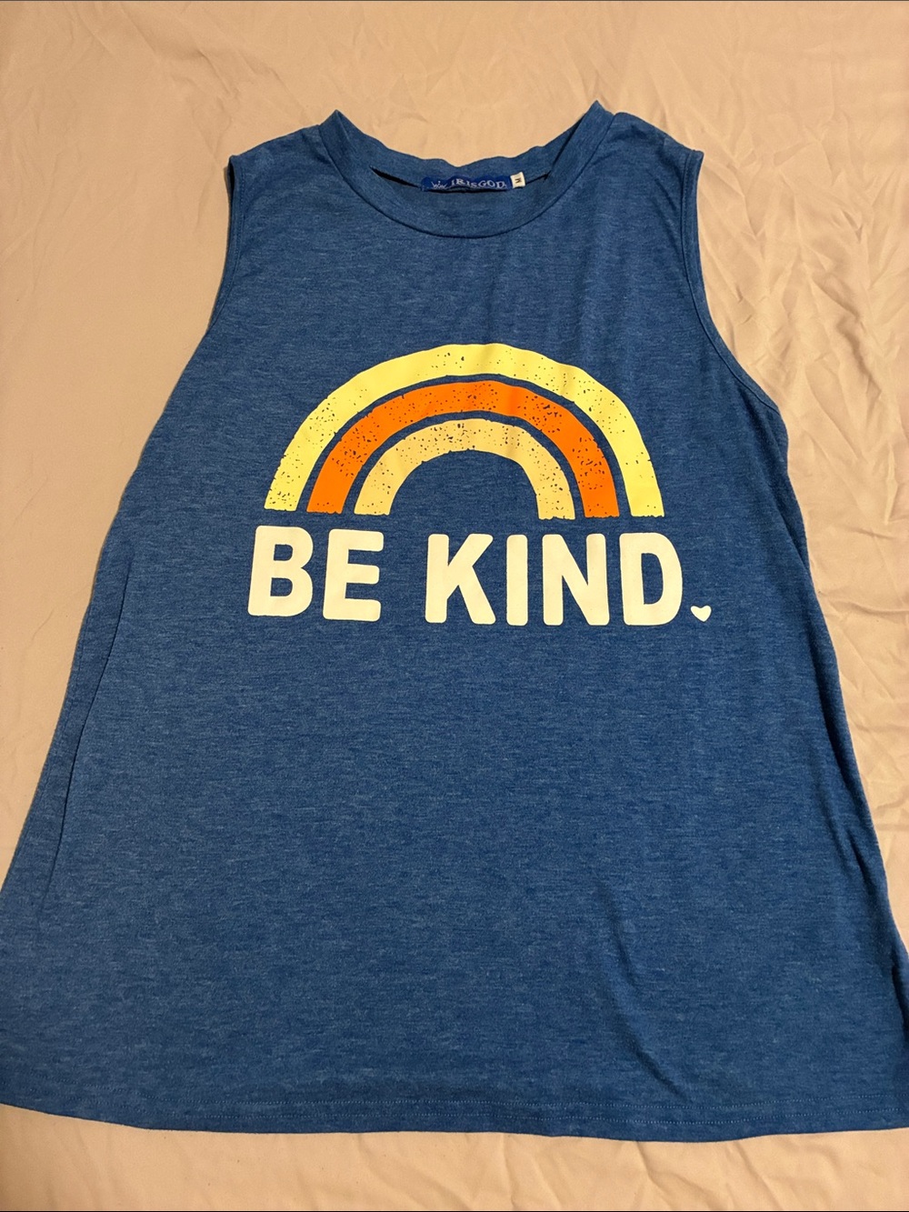 Irisgid Blue Sleeveless Tee with Yellow & Orange Rainbow BE KIND